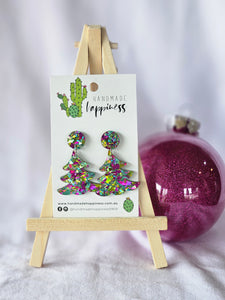 Christmas Tree Stud Dangles - Chunky Peacock Glitter