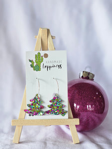 Christmas Tree Hoop Dangles - Chunky Peacock Glitter