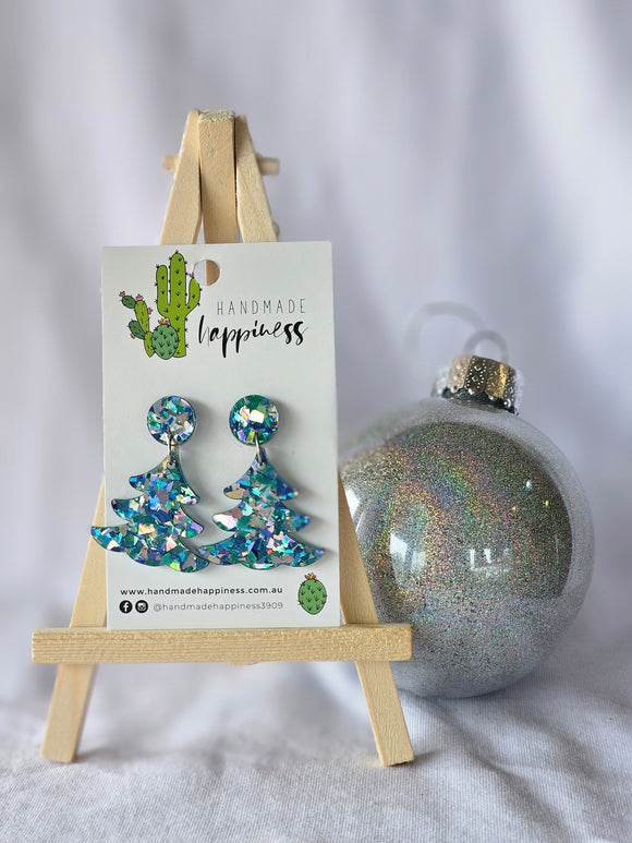 Christmas Tree Stud Dangles - Chunky Blue Glitter